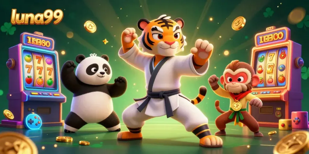 Menangkan jackpot dengan luna99, ilustrasi kasino kartun yang penuh warna dan karakter.