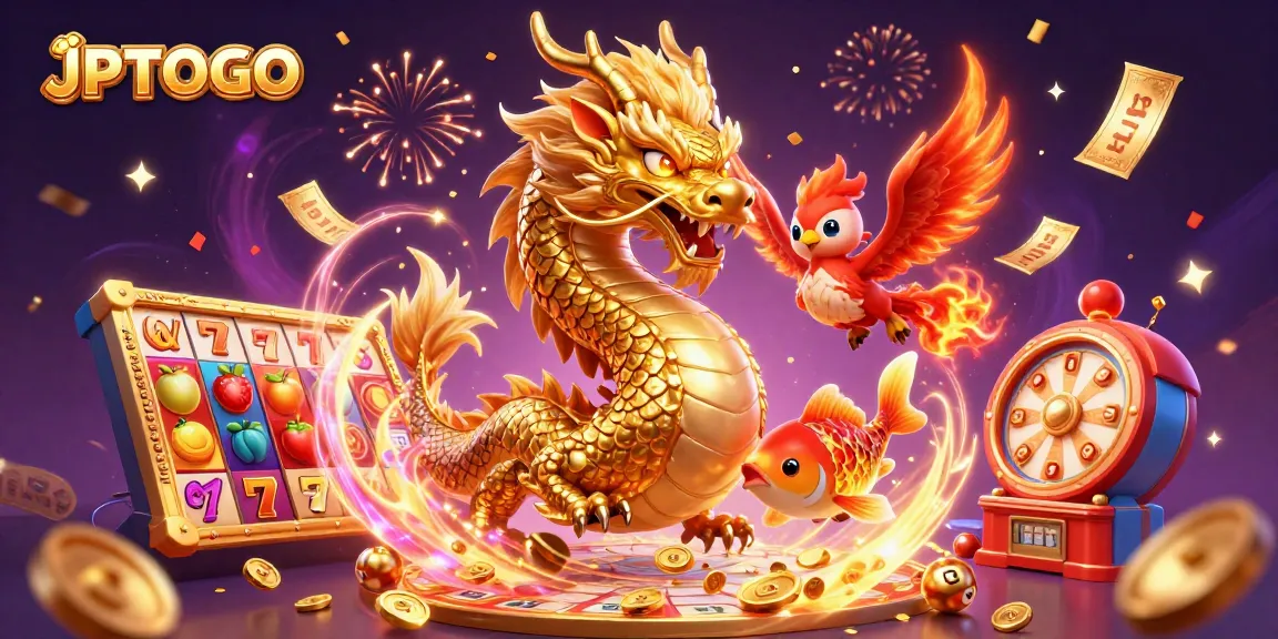 Experience the thrill of winning with JPTOTO's vibrant casino scene featuring dynamic slot reels and mythical characters.