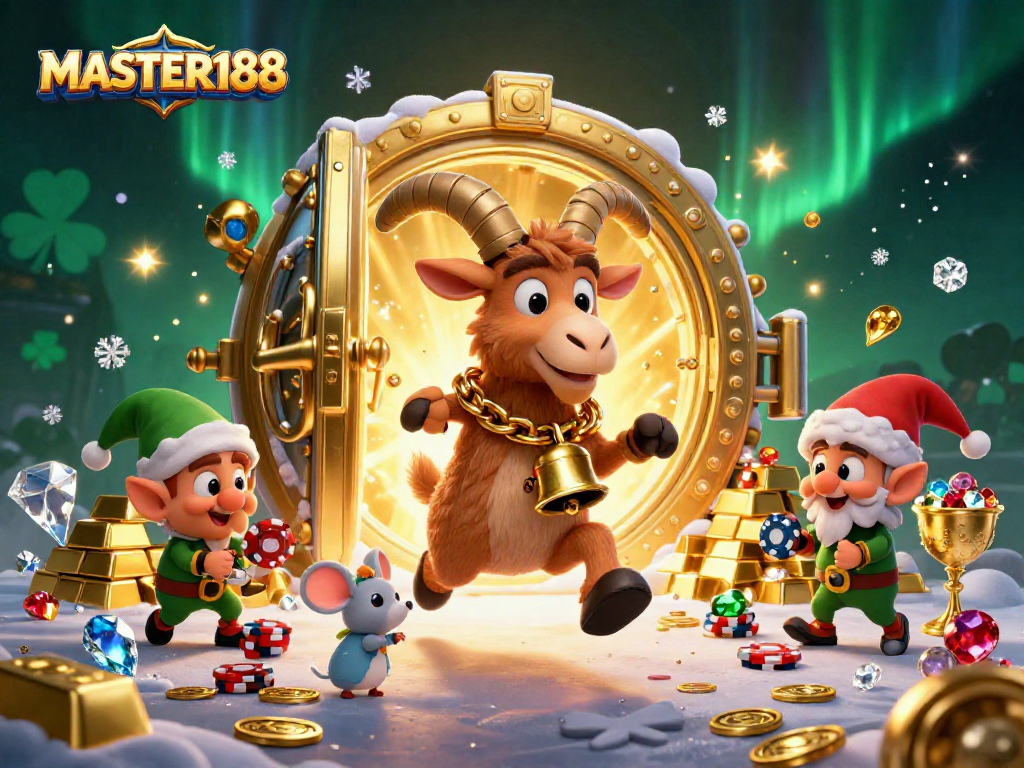 MASTER188 presents a lively scene in a festive-horror casino with Krampus and mischievous characters stealing chips.