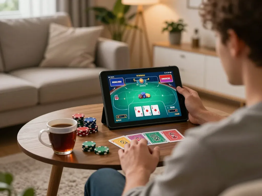 Engaged player enjoying a thrilling online poker game on the trang chủ fly88 platform from the comfort of home