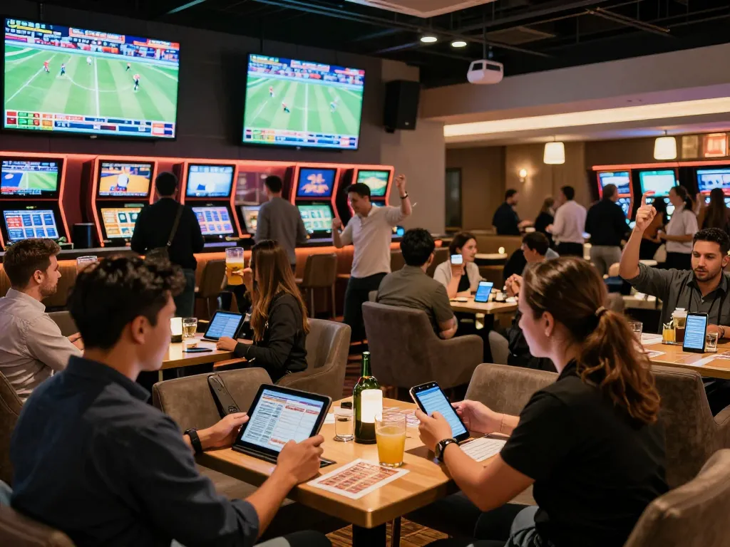 Excited bettors engaging with Net88 sports betting app in a lively casino lounge.