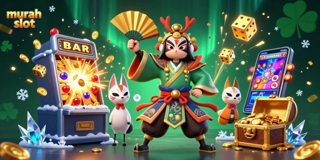 Pemainan murah slot dengan pahlawan kabuki dan simbol yang menawan, atmosfer yang berkilauan.