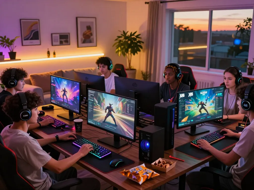 Engaged gamers enjoying XX88 games in a vibrant living room with stylish setups and warm lighting.