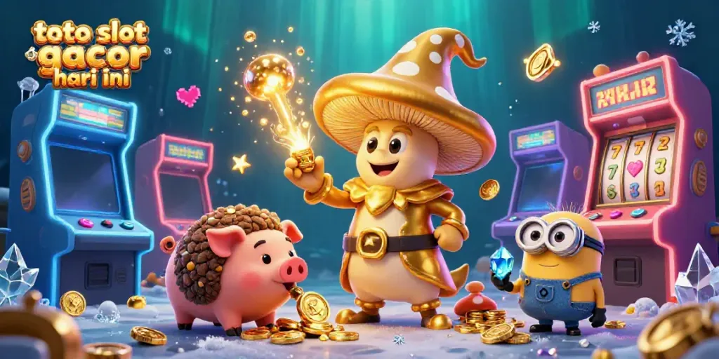 Permainan "toto slot gacor hari ini" dengan penyihir jamur emas dan simbol permainan slot yang menawan