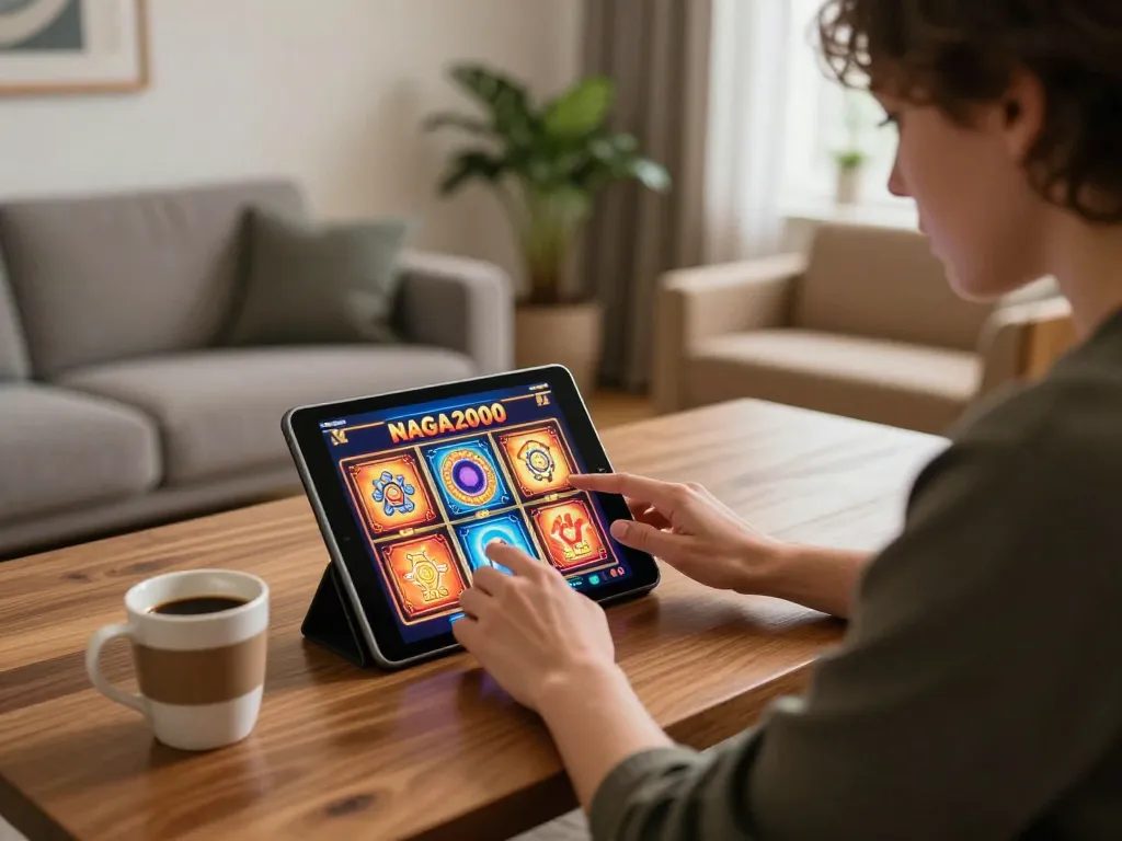 NAGA2000 player engrossed in online slots on tablet in a cozy living room.