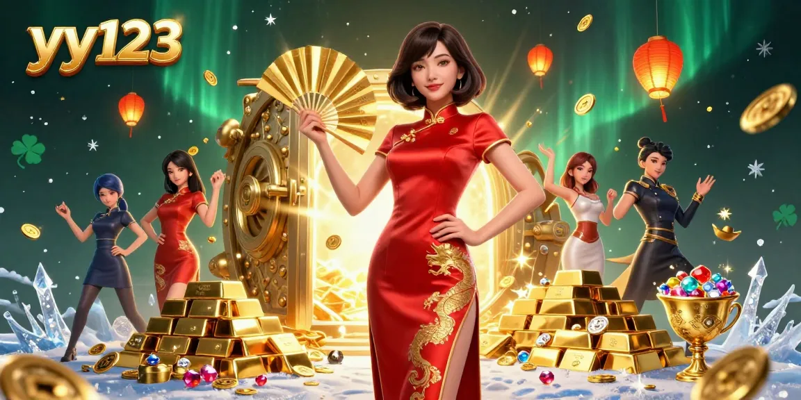 Engage with exciting games at yy123, where a confident woman in a stylish qipao showcases a vibrant casino ambiance.