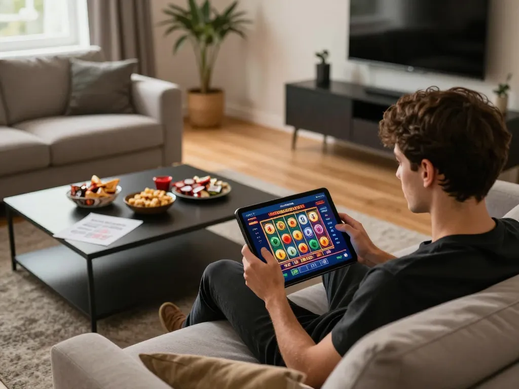 Experience seamless gaming on UGDEWA with a player engaged in online slots on a tablet in a cozy setting.