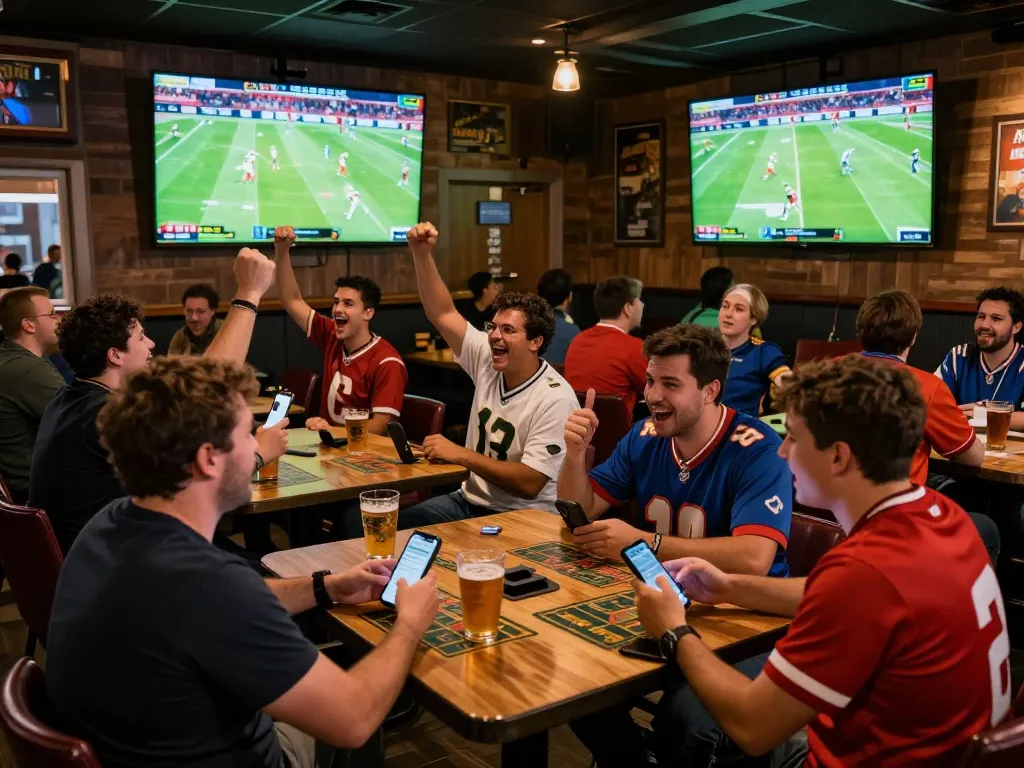 Cakhia tv viewers cheering and placing bets in a lively sports bar atmosphere