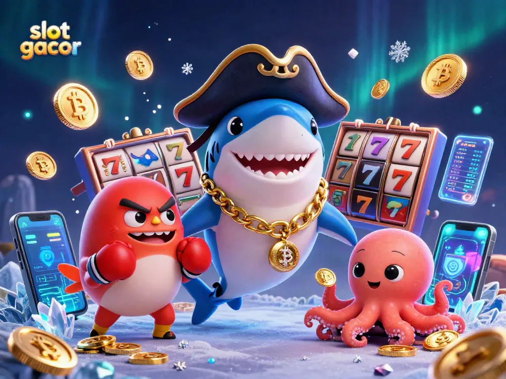 Engage with slot gacor excitement alongside a cartoon pirate shark and friends, amidst vibrant casino elements.