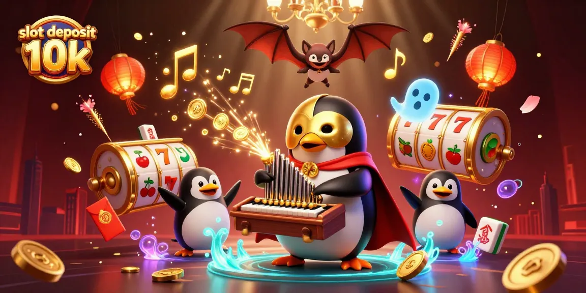Bermain di slot deposit 10k dengan organ musik yang meluncurkan koin emas dan suasana festival penuh warna