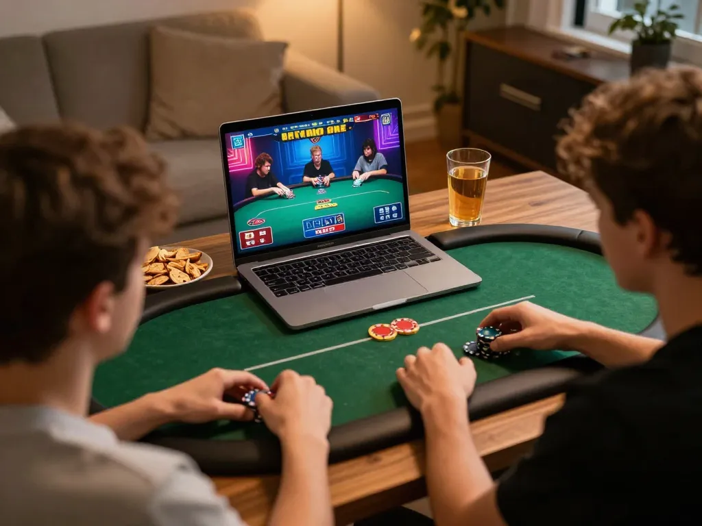 Ga28 players strategizing in a cozy home poker setup, reflecting responsible gaming practices and enjoyment.