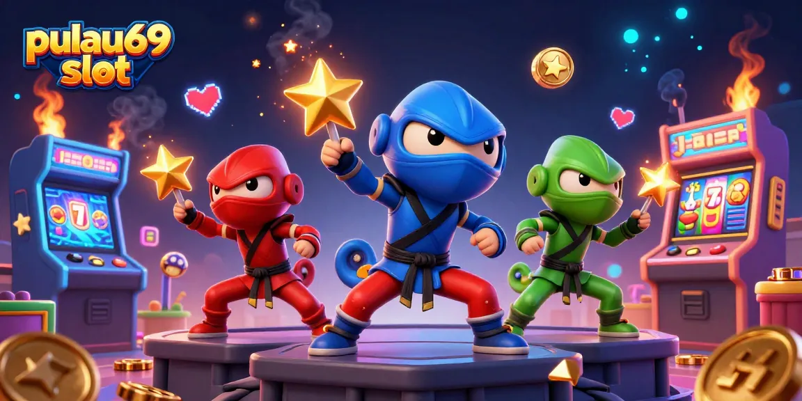Engage with the pulau69 slot in a vibrant 3D scene showcasing ninja chameleons and slot symbols.