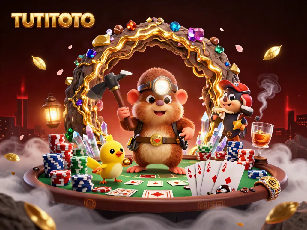 TUTITOTO gaming scene with a treasure-hunting mole and poker elements in a vibrant cave environment.