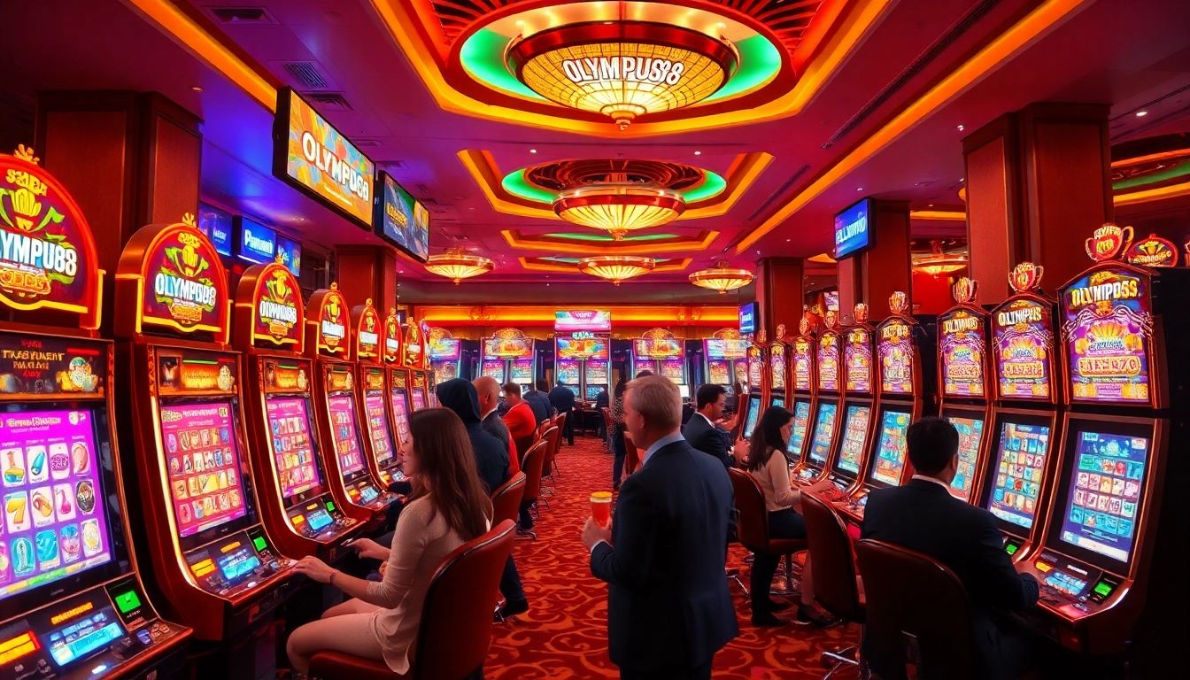 OLYMPUS88 menampilkan mesin slot berwarna cerah dan pemain yang terlibat dalam permainan yang seru.