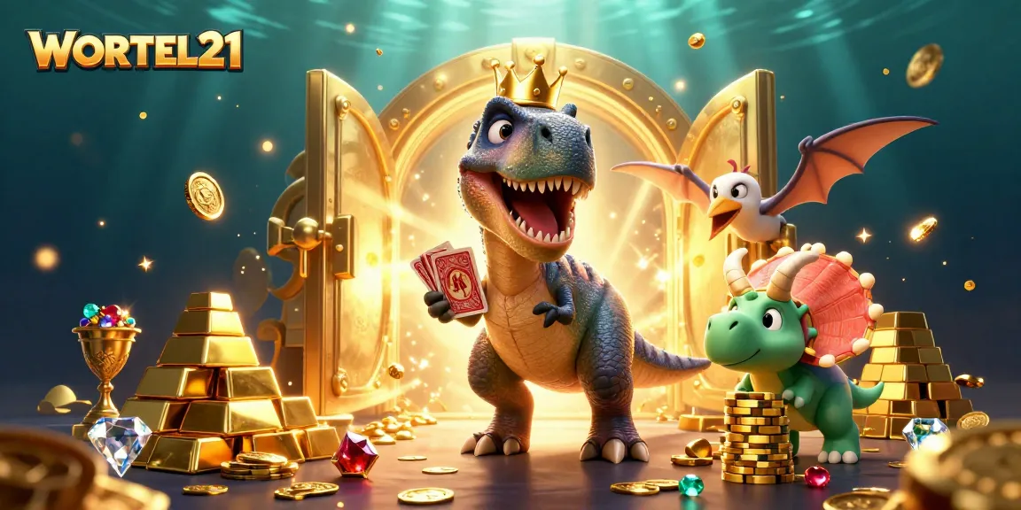 WORTEL21 reveals a thrilling casino scene with cartoon characters and sparkling treasures.