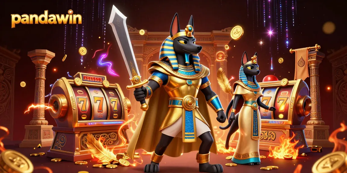 Slot Pandawin menampilkan ilustrasi dinamis seorang pejuang Mesir, pendamping kucing, dan elemen permainan yang hidup.