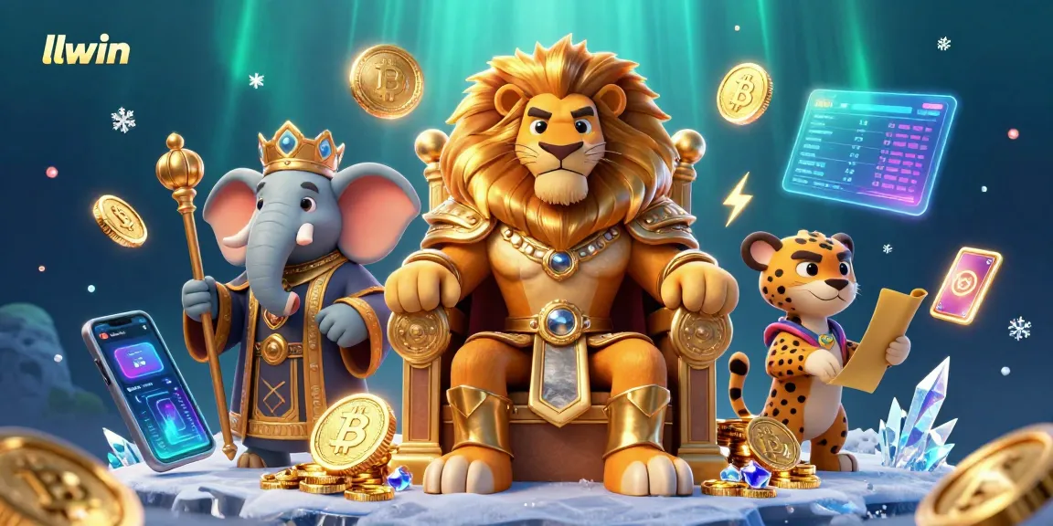 llwin offers unique gaming experiences as fierce lion king reigns from golden throne amidst crypto coins.