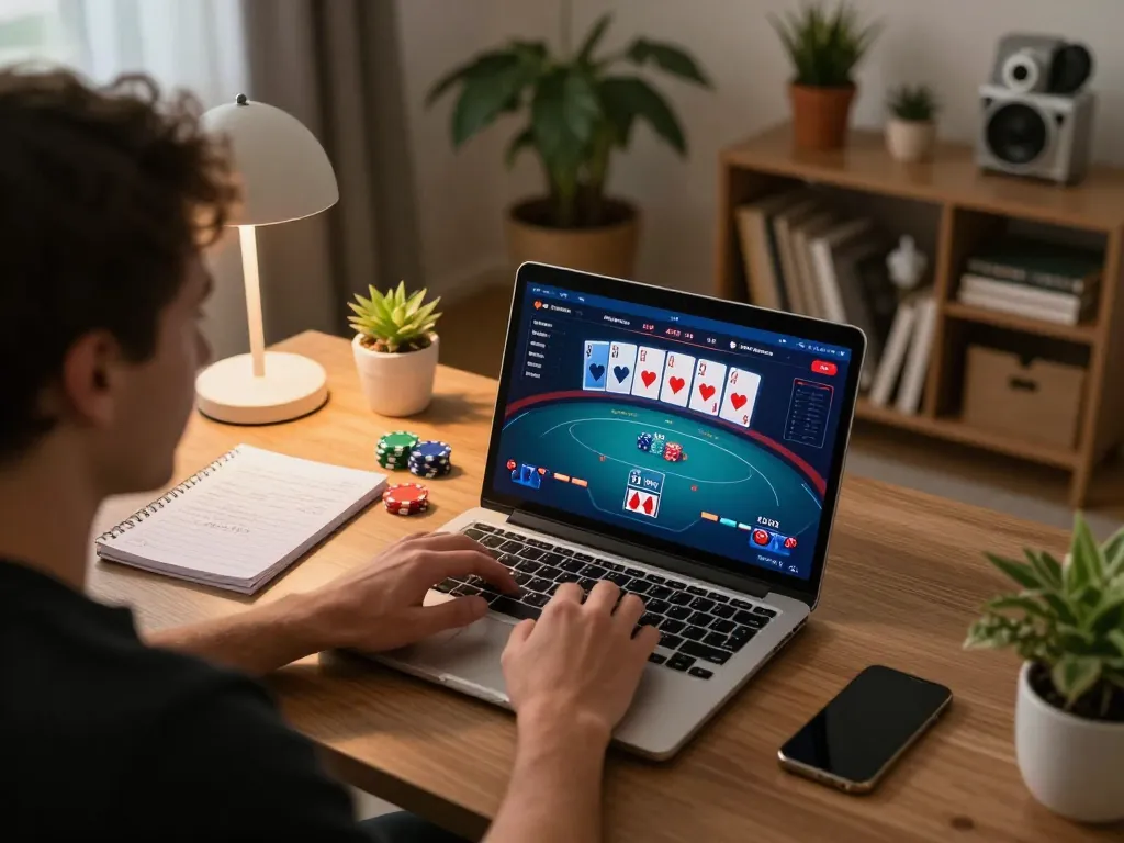 Engaging online poker scene showcasing top 10 game bài strategies with a player focused on their laptop.