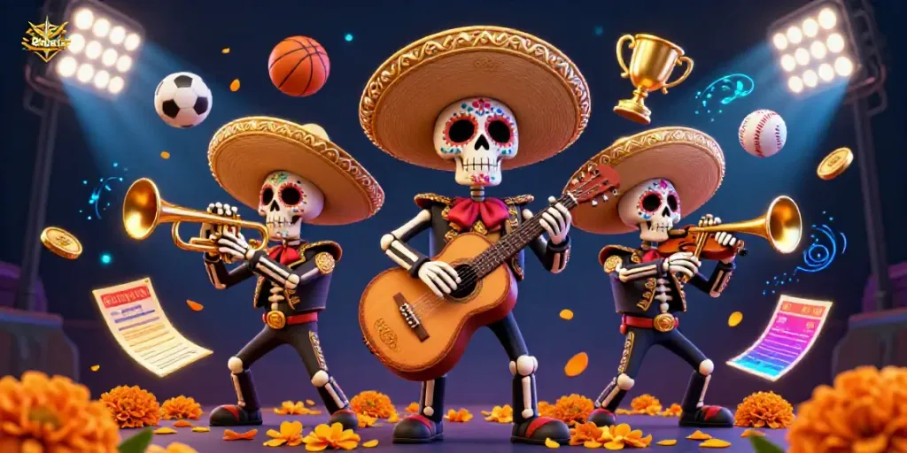 Experience the thrill of sports betting with vibrant 8xbeta mariachi characters surrounded by dynamic game elements.