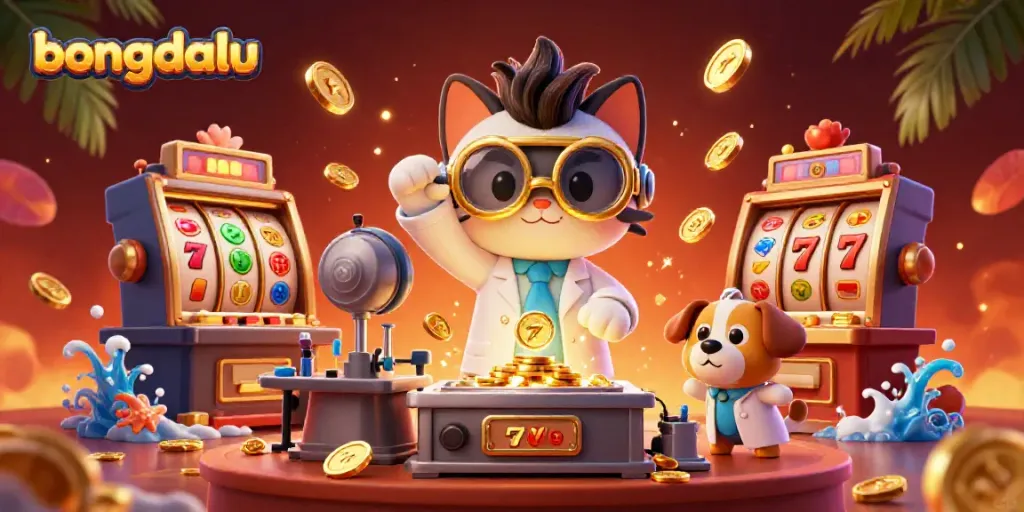 Bongdalu's exciting slot machine scene with a scientist cat and dog surrounded by gold coins, vibrant symbols, and energy.