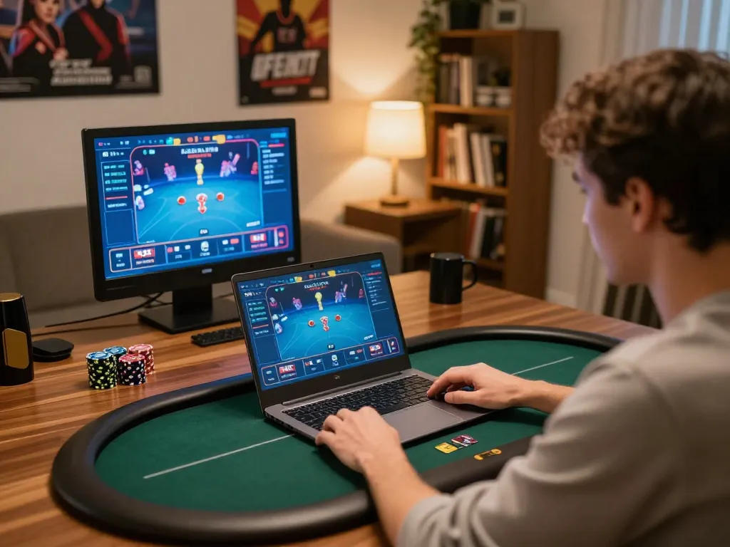 KADAL778 online poker player strategizing with immersive game graphics on their laptop.