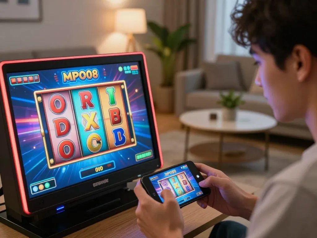 MPO08 player celebrating a win on a mobile gaming app in a cozy home environment.
