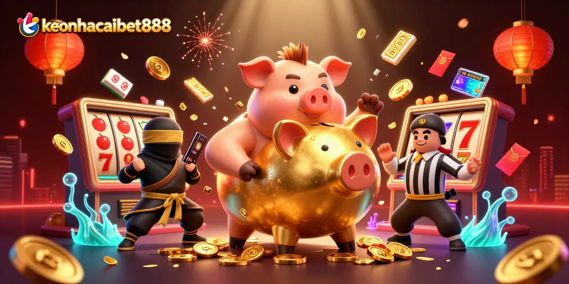 Bet and win with keonhacaibet888 as golden coins rain down from a dynamic slot machine scene.