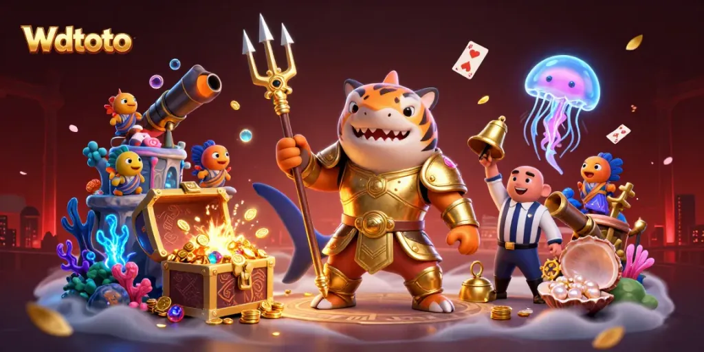 Wdtoto mempersembahkan ilustrasi kasino yang memukau dengan hiu kartun bersenjata trident dan suasana koloseum bawah laut.