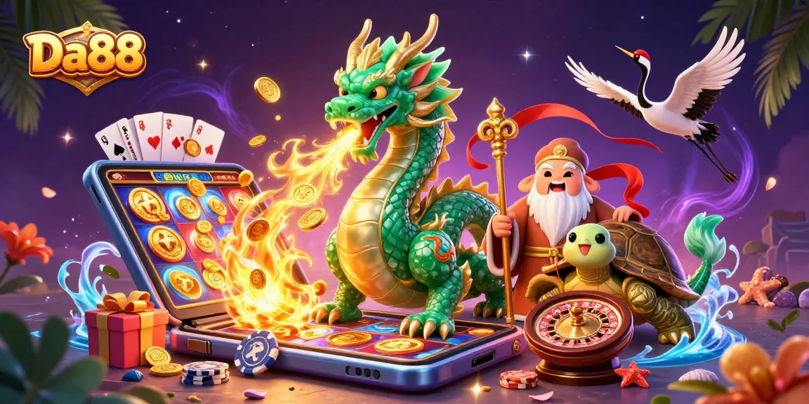 Experience the magic of Da88 with a lively 3D casino illustration featuring dragons, turtles, and gaming elements.