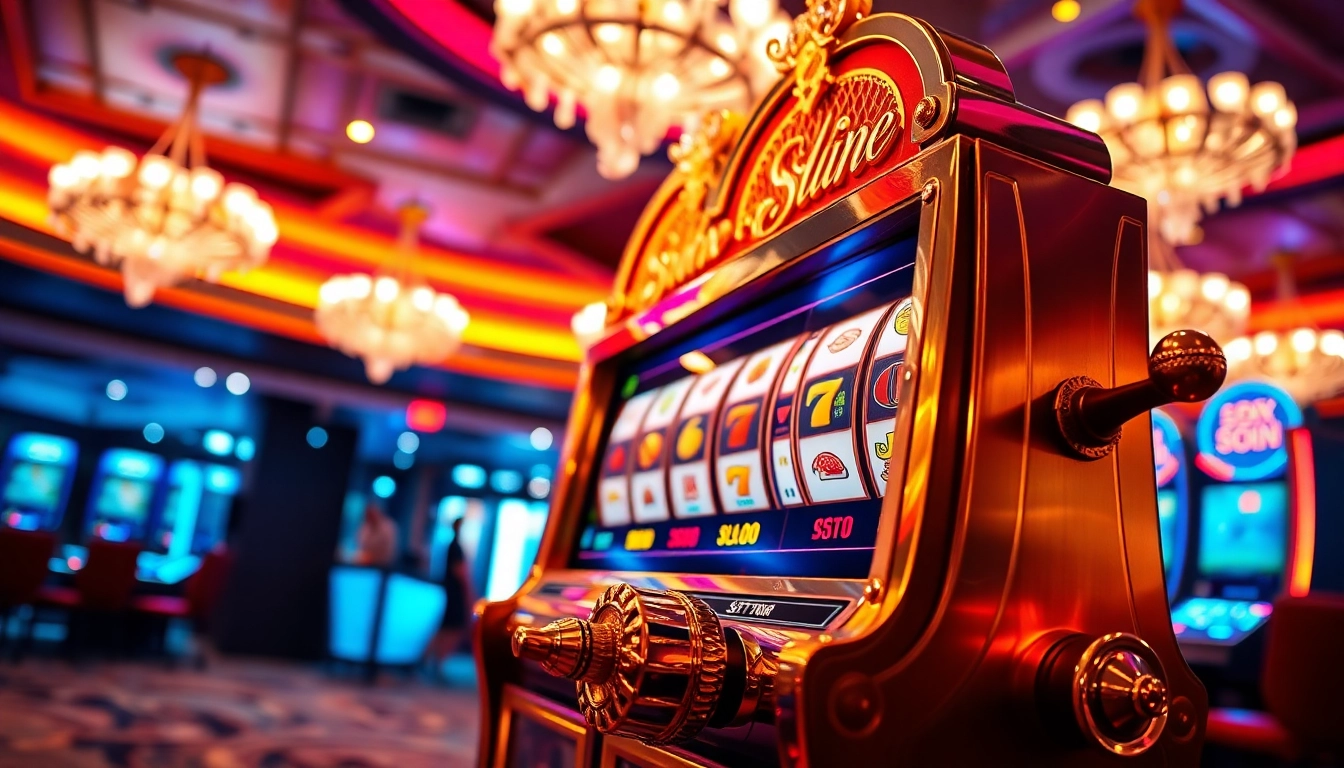 Slot machine dengan desain elegan di kasino yang mewah, menarik perhatian pengunjung.