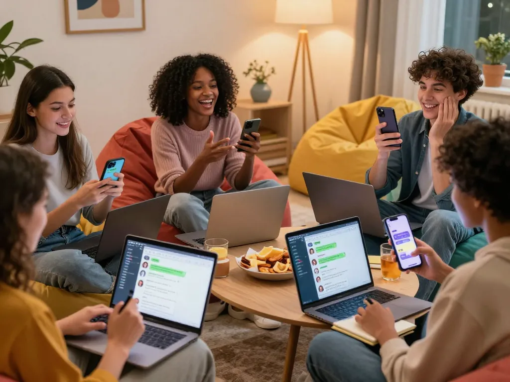 Engaging friends using AI sexting apps in a cozy living room setting, showcasing diverse and playful interactions.