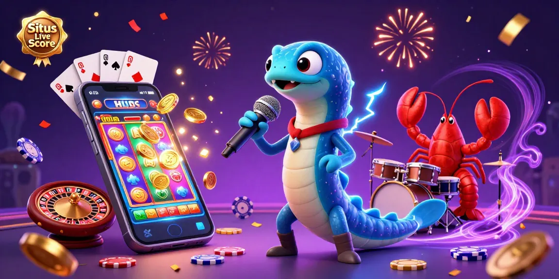 Situs Live Score showcases a vibrant 3D illustration with electric eel DJ, lobster drummer, and seahorse guitarist in a lively casino scene.
