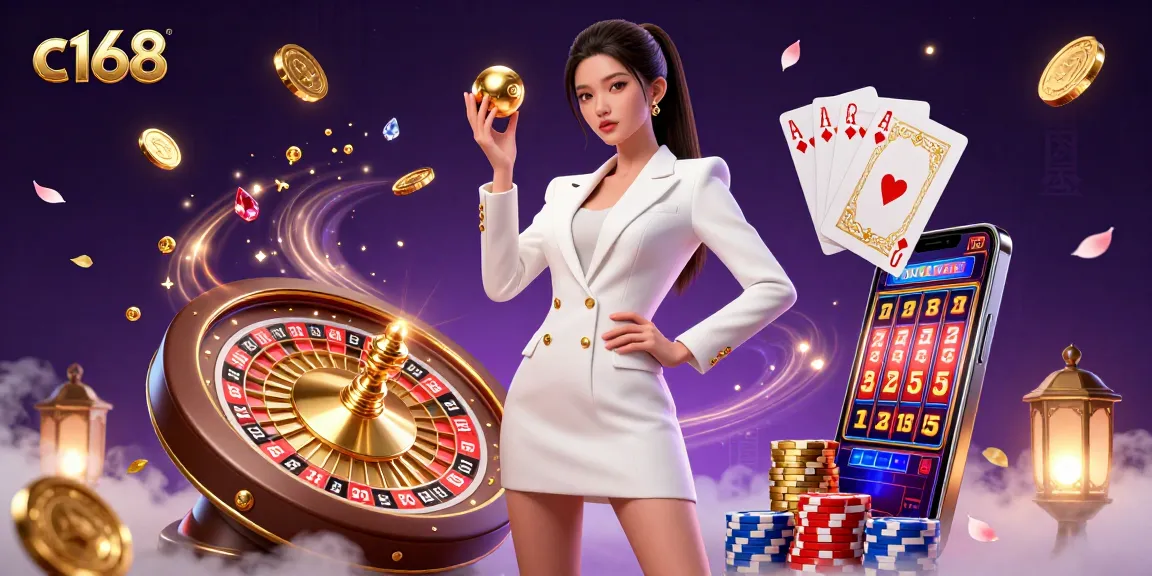 C168 casino illustration showcasing a confident woman holding a golden roulette ball amidst vibrant gambling elements.