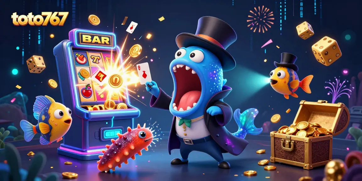 toto767 menampilkan gulper eel 3D beraksi dengan slot machine, menciptakan suasana kasino yang menawan
