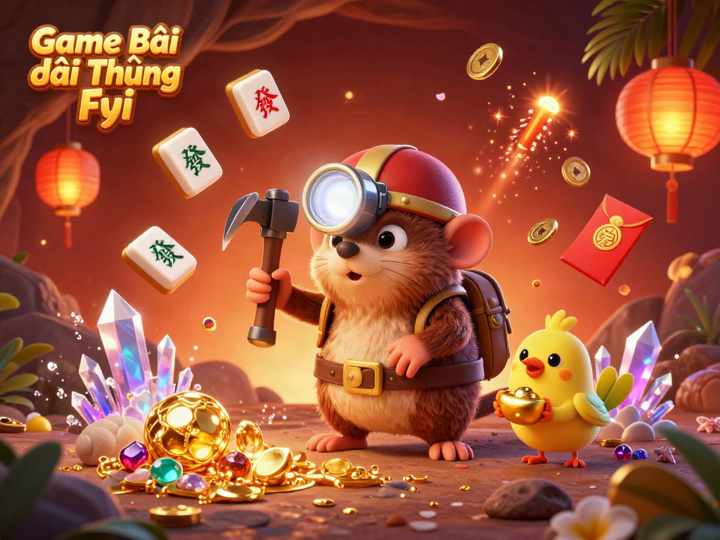 Engage with Game Bài Đổi Thưởng Fyi in this vibrant illustration of a treasure hunter mole exploring a cave filled with gold and gems.