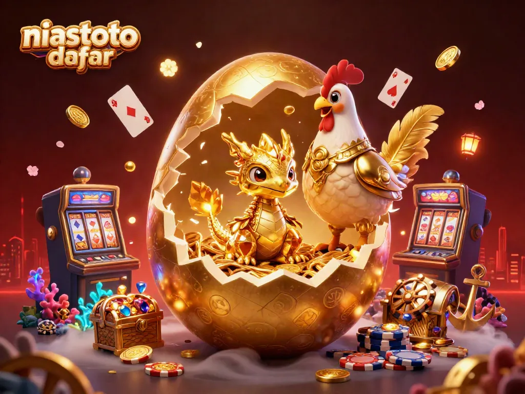 Visualisasi 3D menarik yang menggambarkan niastoto daftar dengan naga emas dan elemen kasino berwarna-warni.