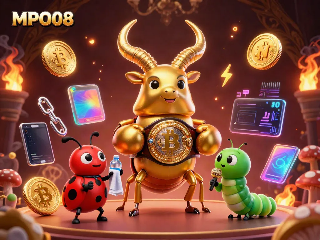 Engage in MPO08's vibrant online gaming experience with a giant stag beetle champion in a dynamic casino scene.