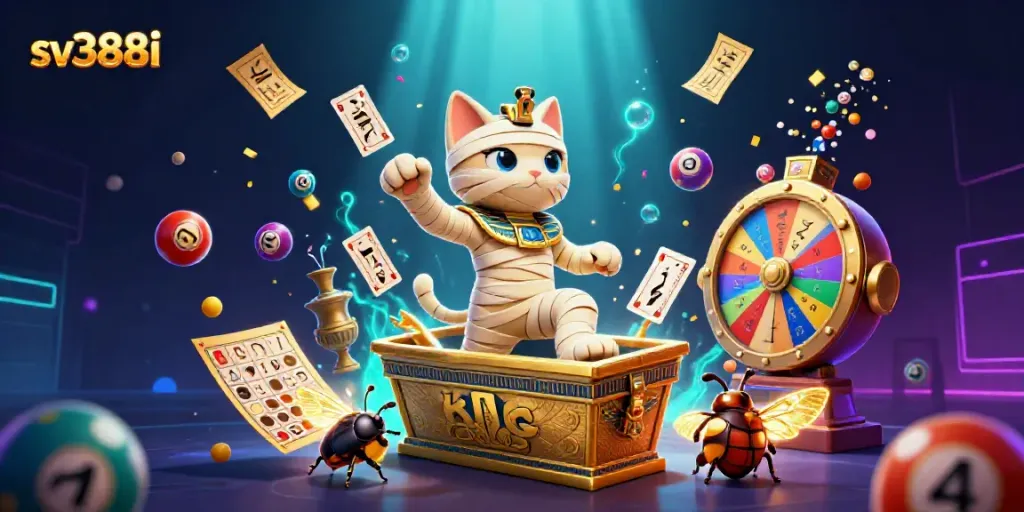 Experience thrilling gameplay with sv388i featuring a dynamic Egyptian mummy and vibrant gambling elements.