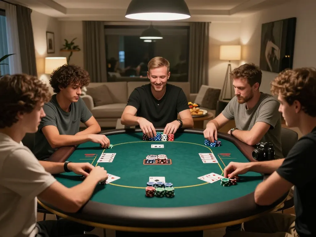 Friends enjoying a poker game at home, showcasing engaging gameplay with Go8 strategy.