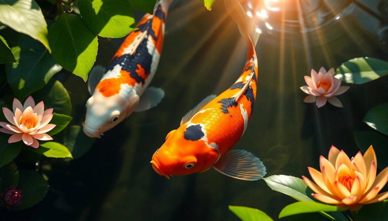 Koi toto berenang di kolam dengan bunga teratai di sekitarnya.