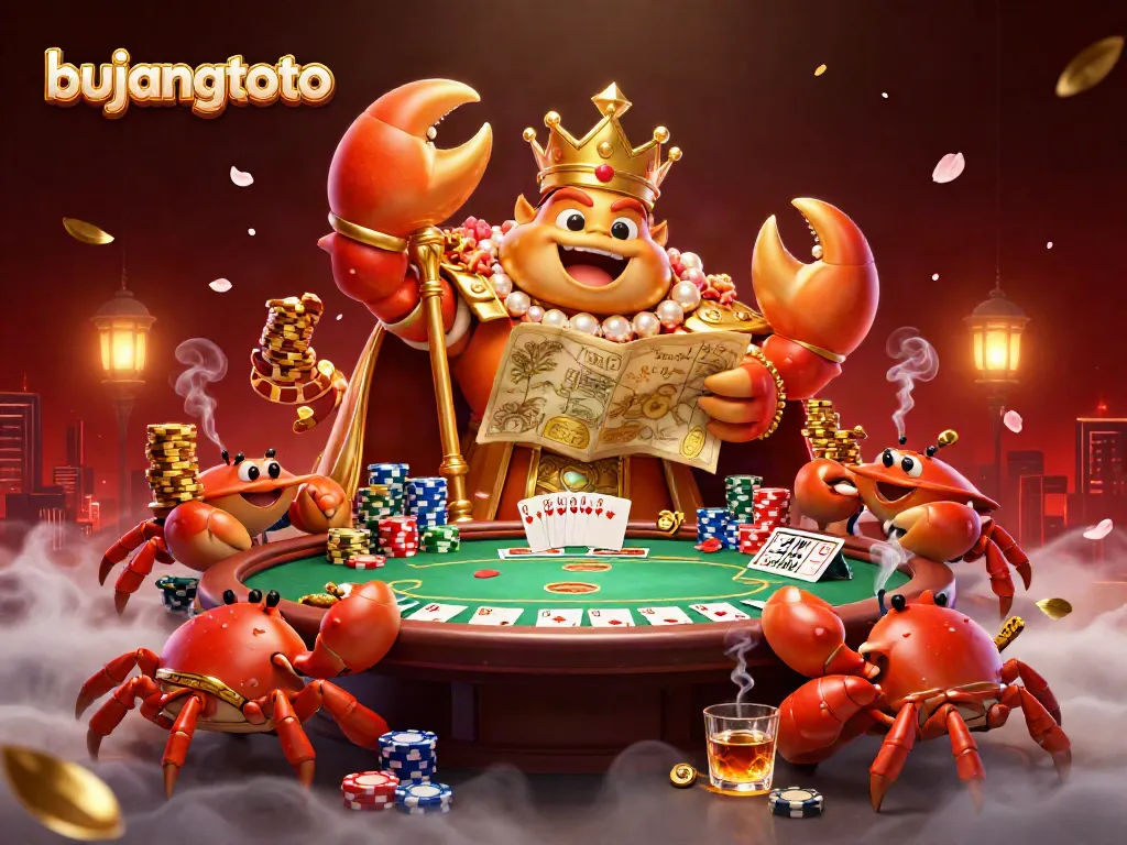 Bujangtoto showcases a grand casino scene with a golden crab emperor and vibrant gaming elements.