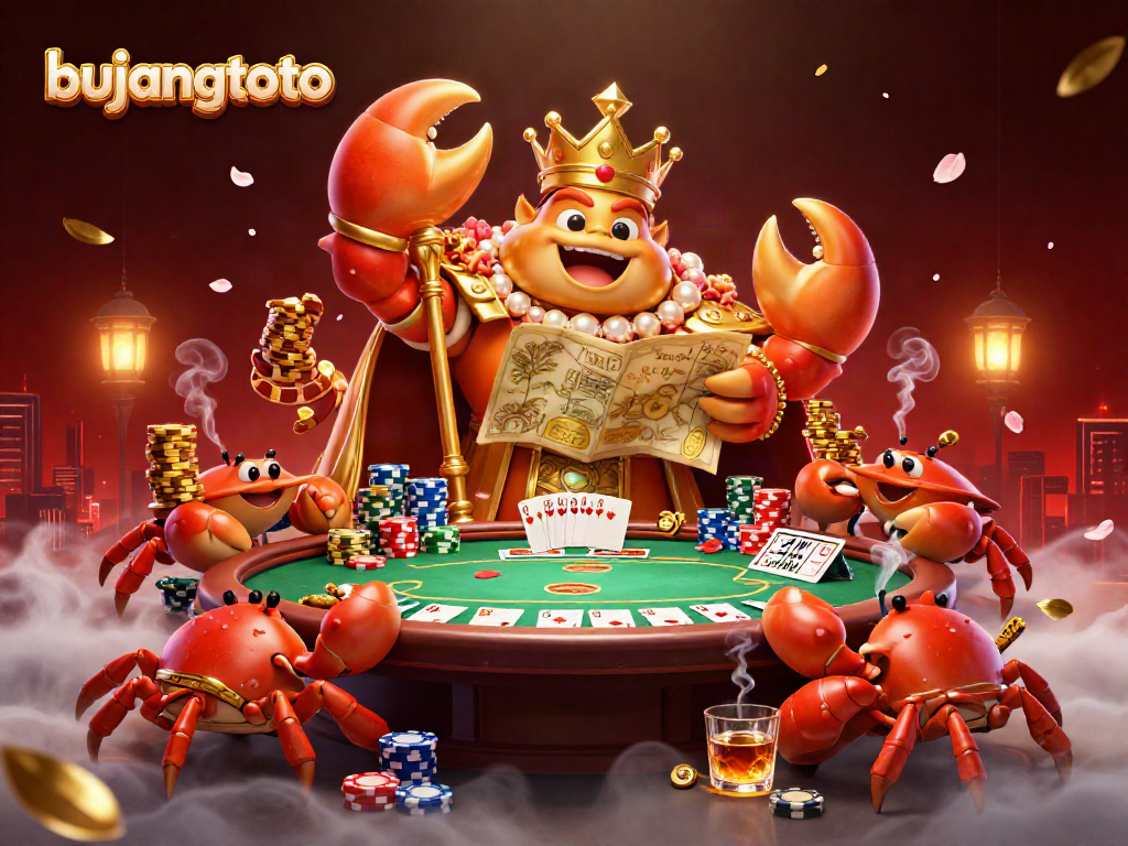 Bujangtoto showcases a grand casino scene with a golden crab emperor and vibrant gaming elements.