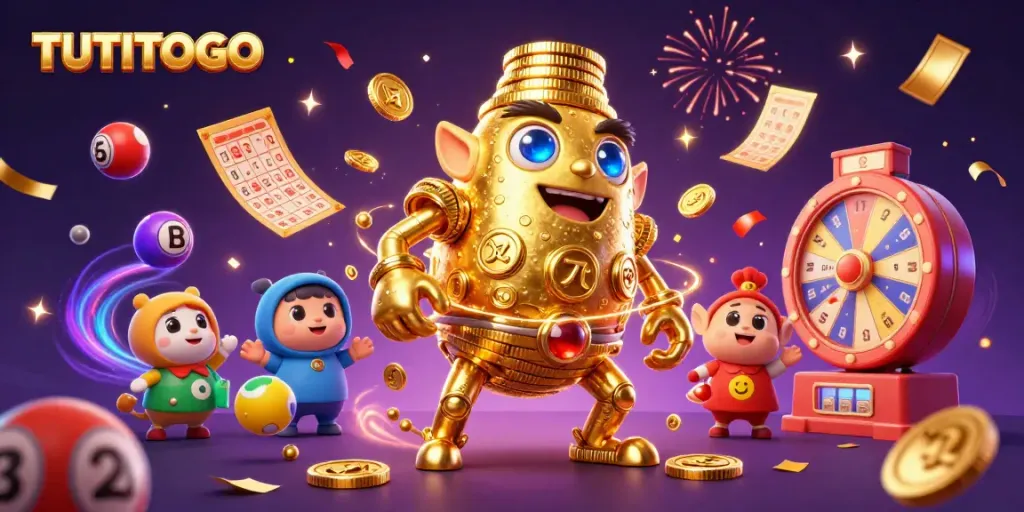 Join the excitement with TUTITOTO's golden golem and lottery elements in a vibrant casino scene.