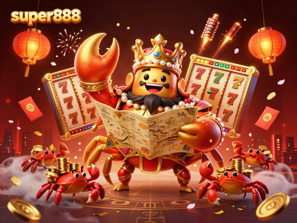 Permainan slot dengan super888, karakter kepiting emas, dan elemen keberuntungan bercahaya.