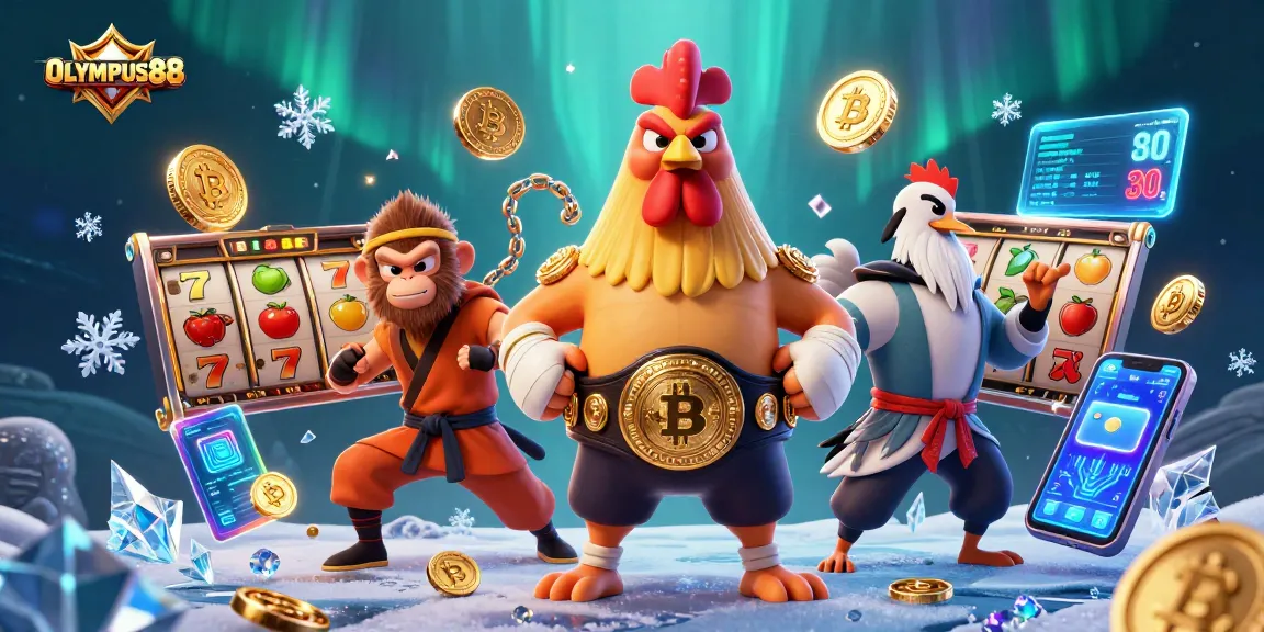 Menangkan hadiah di OLYMPUS88 dengan simbol slot, koin Bitcoin, dan grafik holografis.
