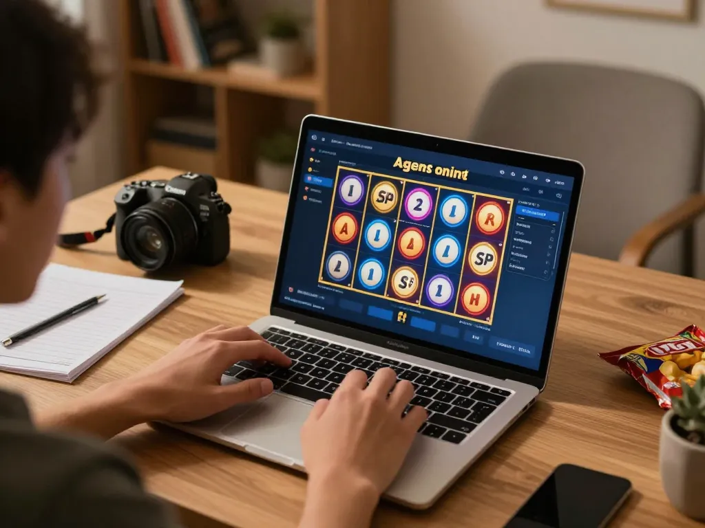 Engaging with Agen Slot online on a laptop in a cozy home setup, emphasizing strategy and fun