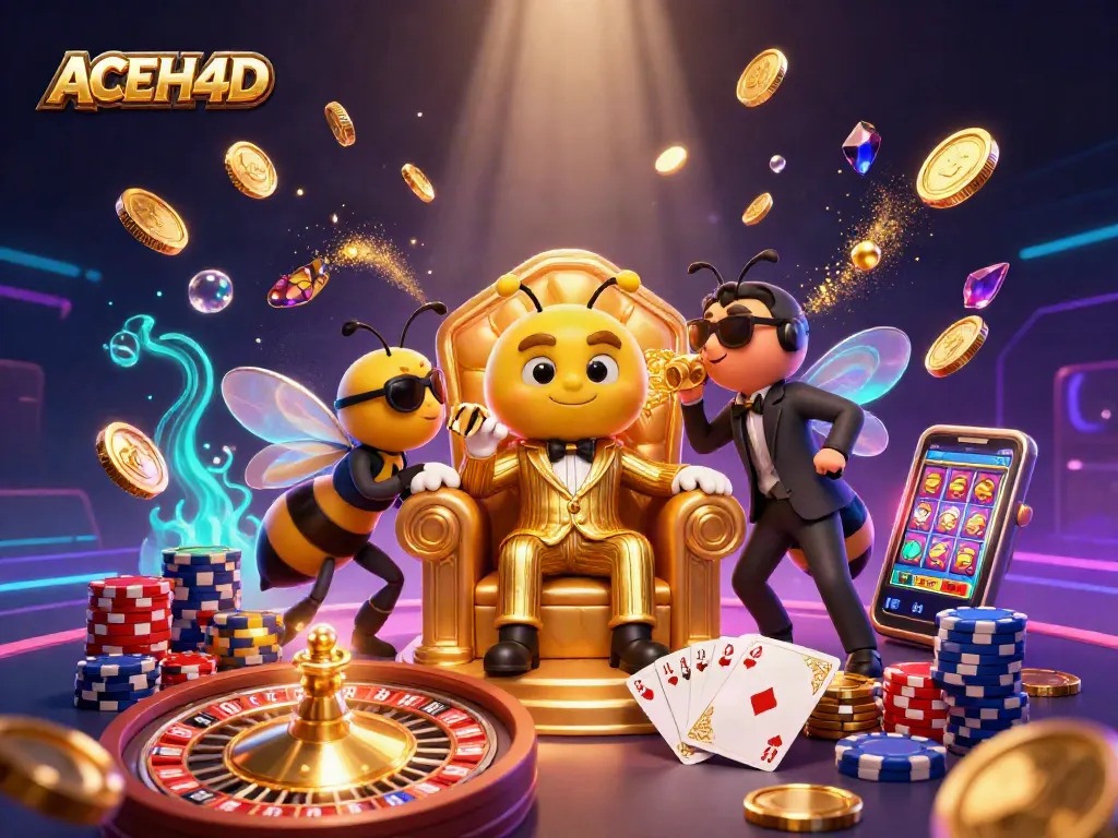 Experience the vibrancy of ACEH4D through a lively 3D casino scene filled with gold coins and slot machines.