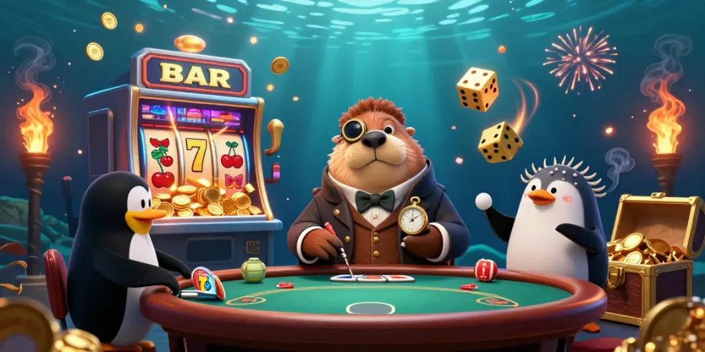 Merayakan jackpot mpo188 di kasino dengan walrus ceria dan dealer penguin.