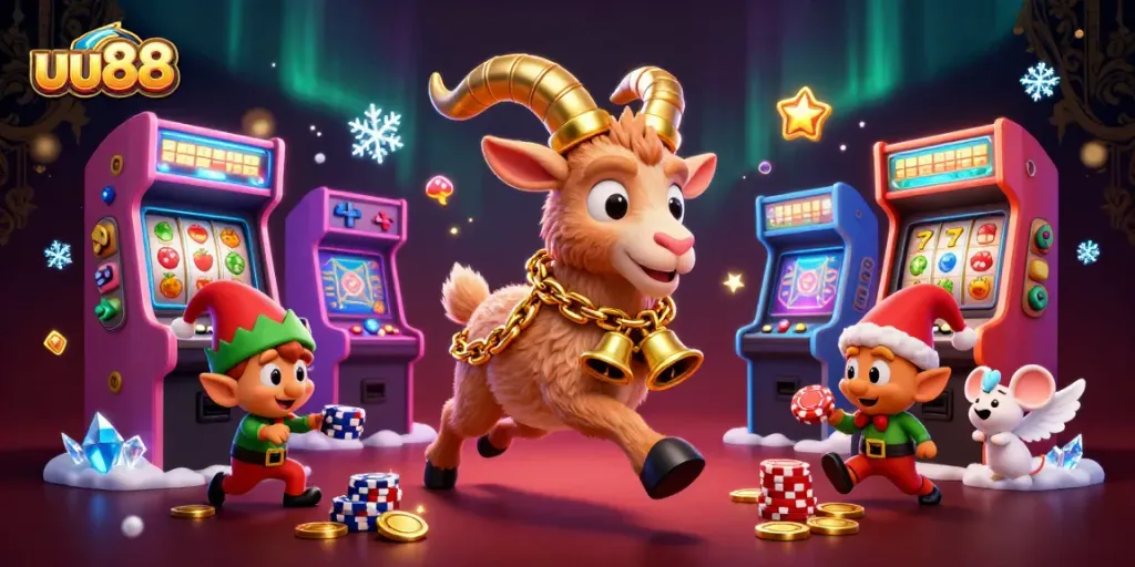Experience the thrilling atmosphere of uu88 with a festive casino scene featuring a Krampus goat managing a heist!