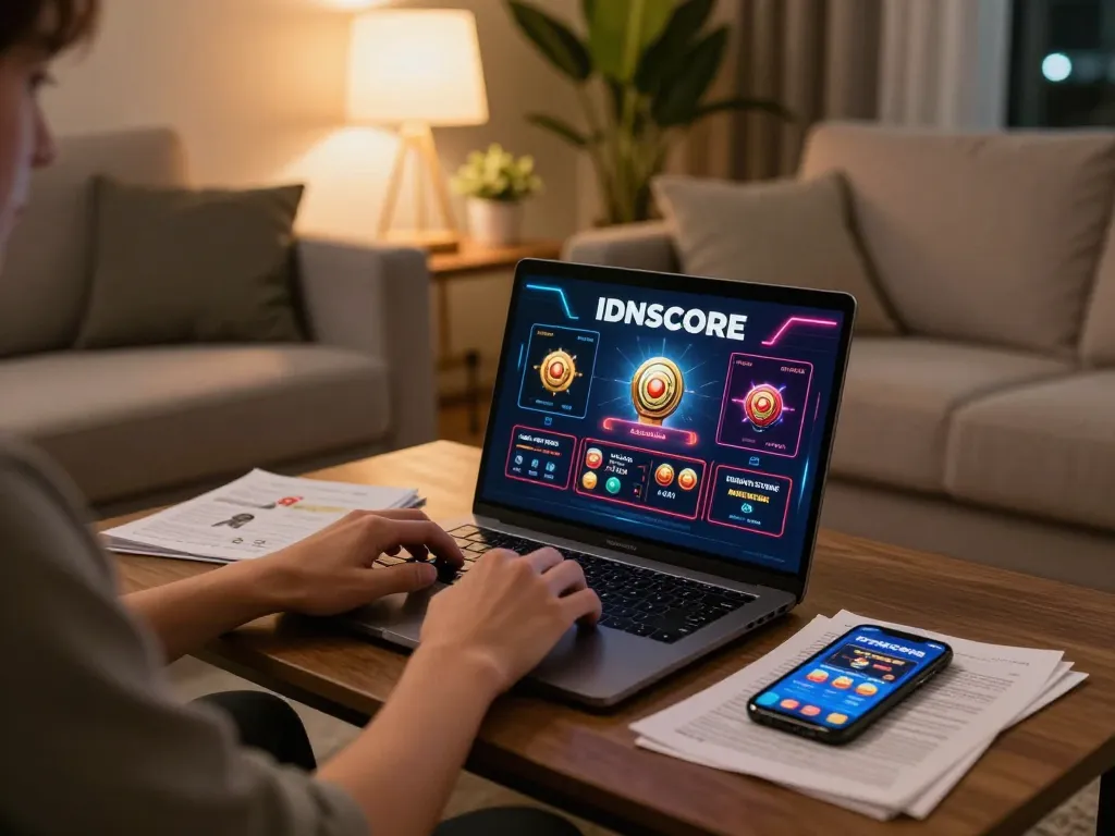 IDNSCORE gaming setup showcasing a player engaged in online gaming with a laptop and smartphone.
